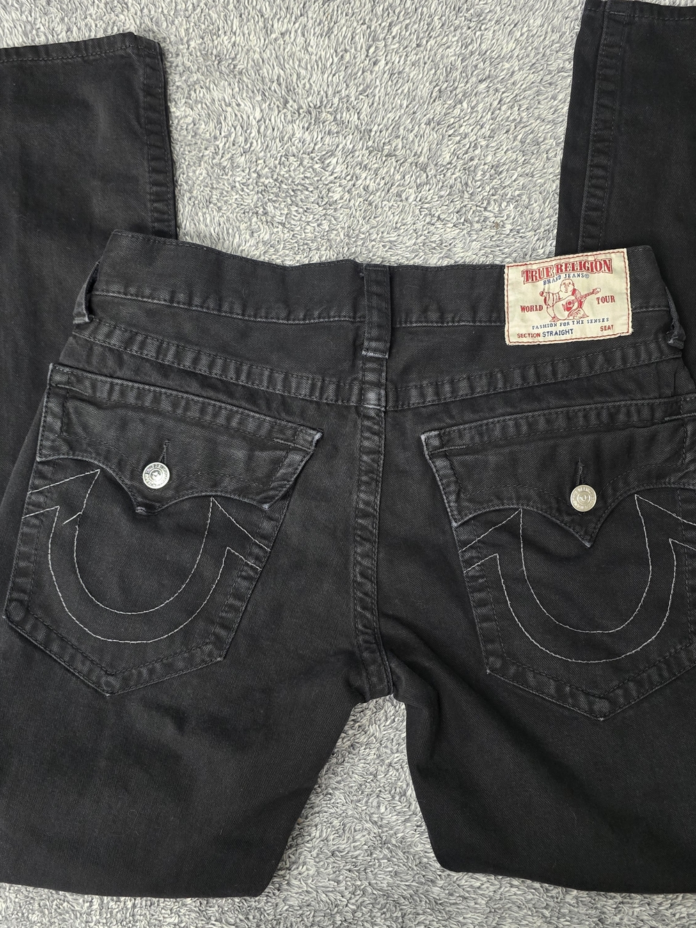True Religion Black Slim Straight Jeans Flap Pocket Signature Horseshoe 33